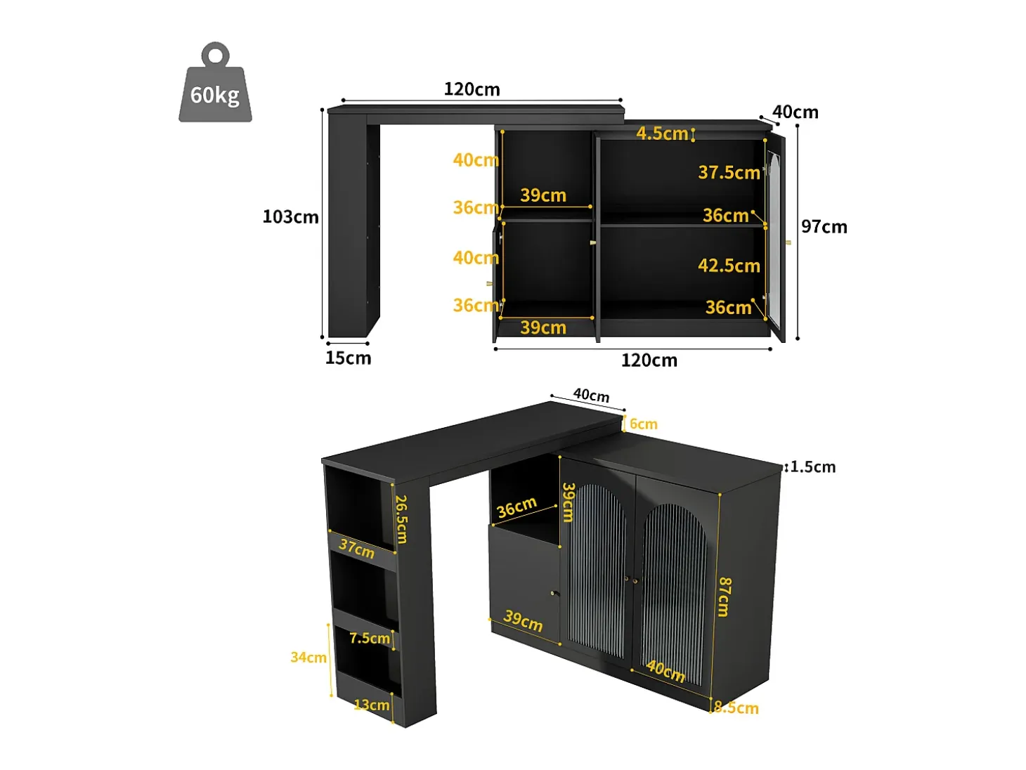Mueble bar giratorio con 3 puertas, 2 de ellas de cristal, estantes abiertos incluidos, cuerpo negro - 120x40x103cm