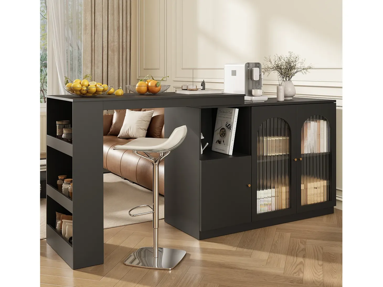 Mueble bar giratorio con 3 puertas, 2 de ellas de cristal, estantes abiertos incluidos, cuerpo negro - 120x40x103cm