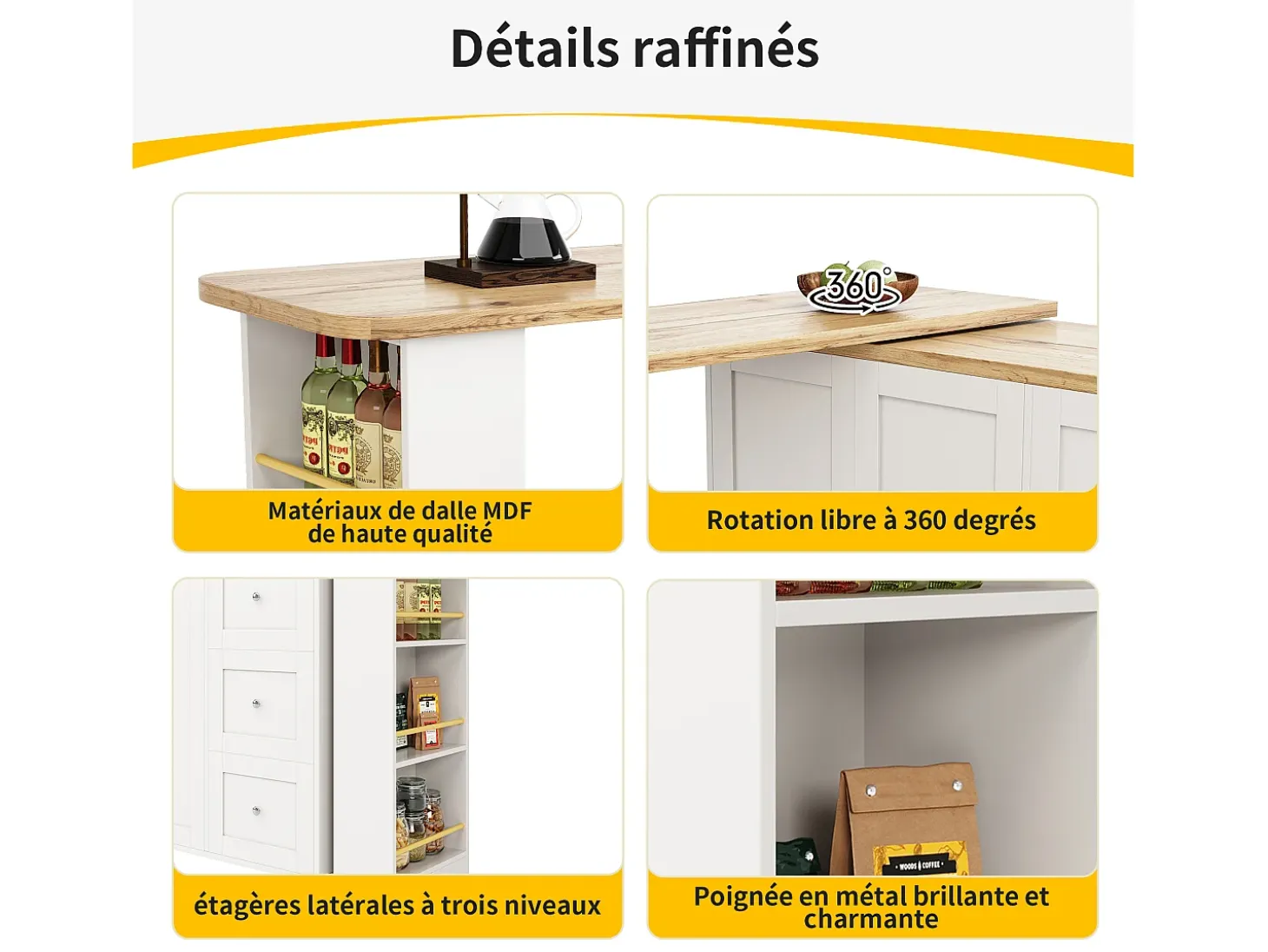 Mueble bar giratorio con ruedas, 2 puertas, 3 cajones y estantes, tablero chapado en madera natural clara, cuerpo blanco - 209x39x106cm