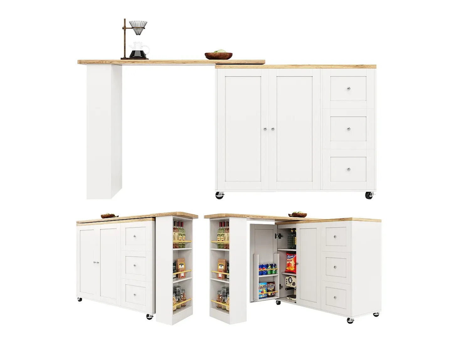 Mueble bar giratorio con ruedas, 2 puertas, 3 cajones y estantes, tablero chapado en madera natural clara, cuerpo blanco - 209x39x106cm