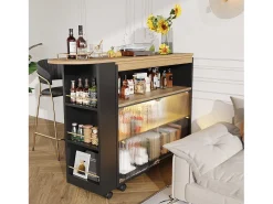 Mueble bar giratorio con ruedas con 2 puertas correderas de cristal, 1 nicho y estantes, LED incluido, MDF, negro - 138x39x105cm