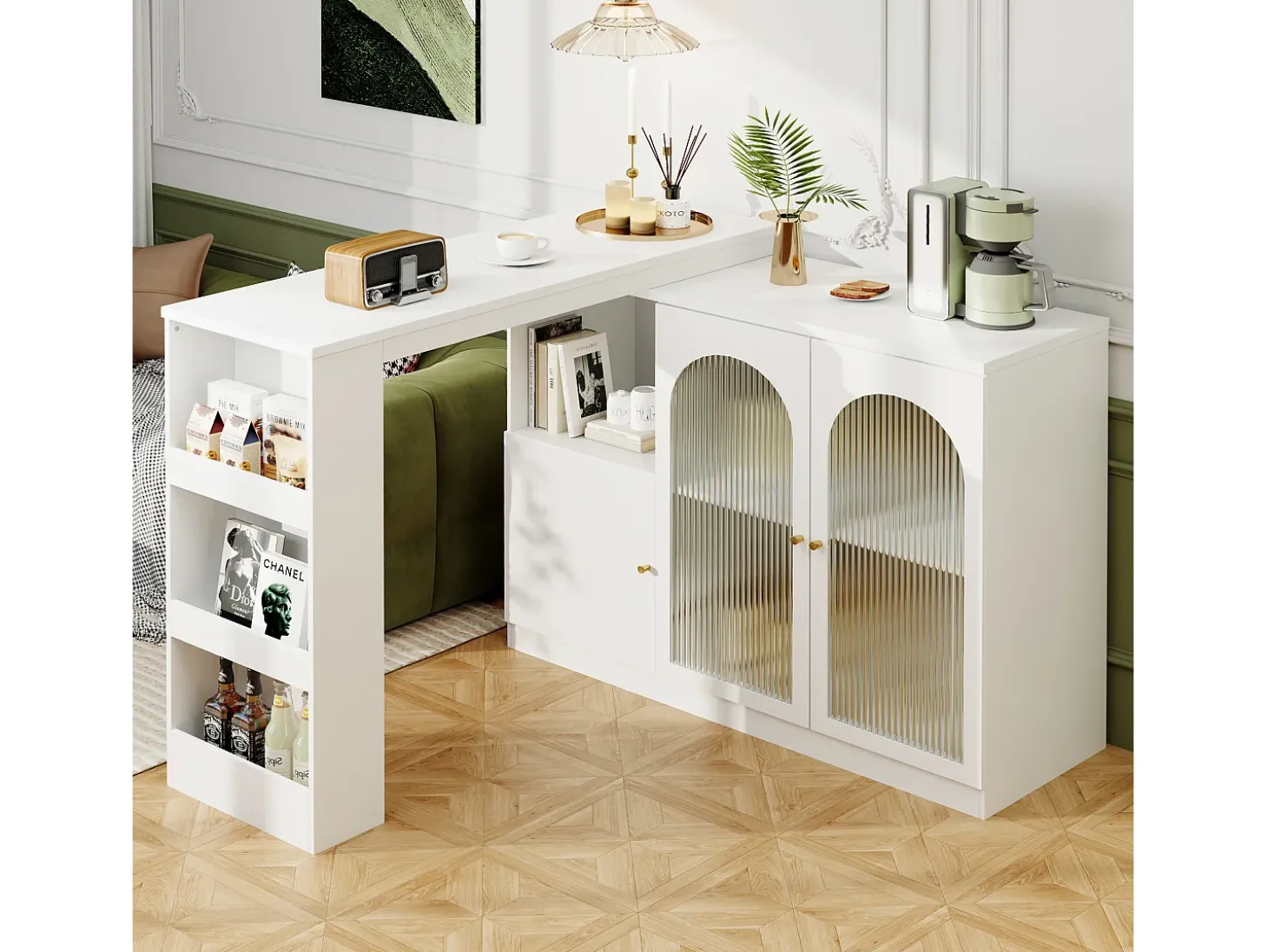 Mueble bar giratorio con 3 puertas, 2 de ellas de cristal, estantes abiertos incluidos, cuerpo blanco - 120x40x103cm