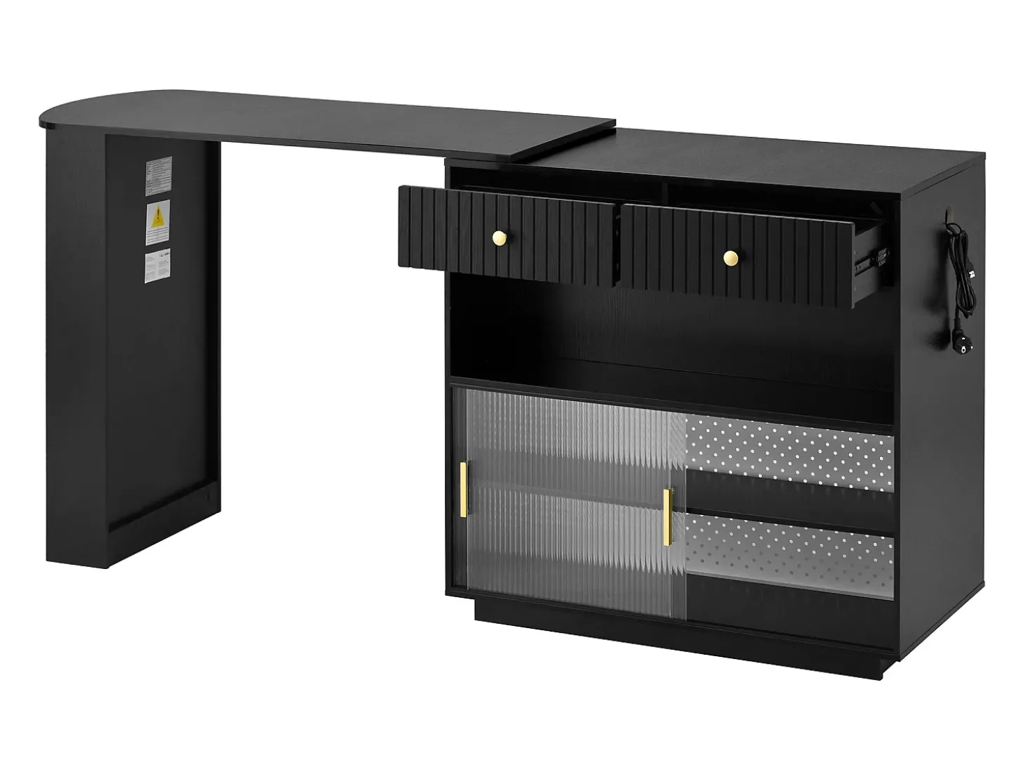 Mueble bar giratorio con enchufes, iluminación LED y tablero perforado - Negro