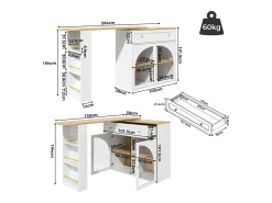 Mueble bar giratorio con 1 cajón ancho y 2 puertas de cristal, cuerpo blanco, estantes incluidos - 204x39x104cm