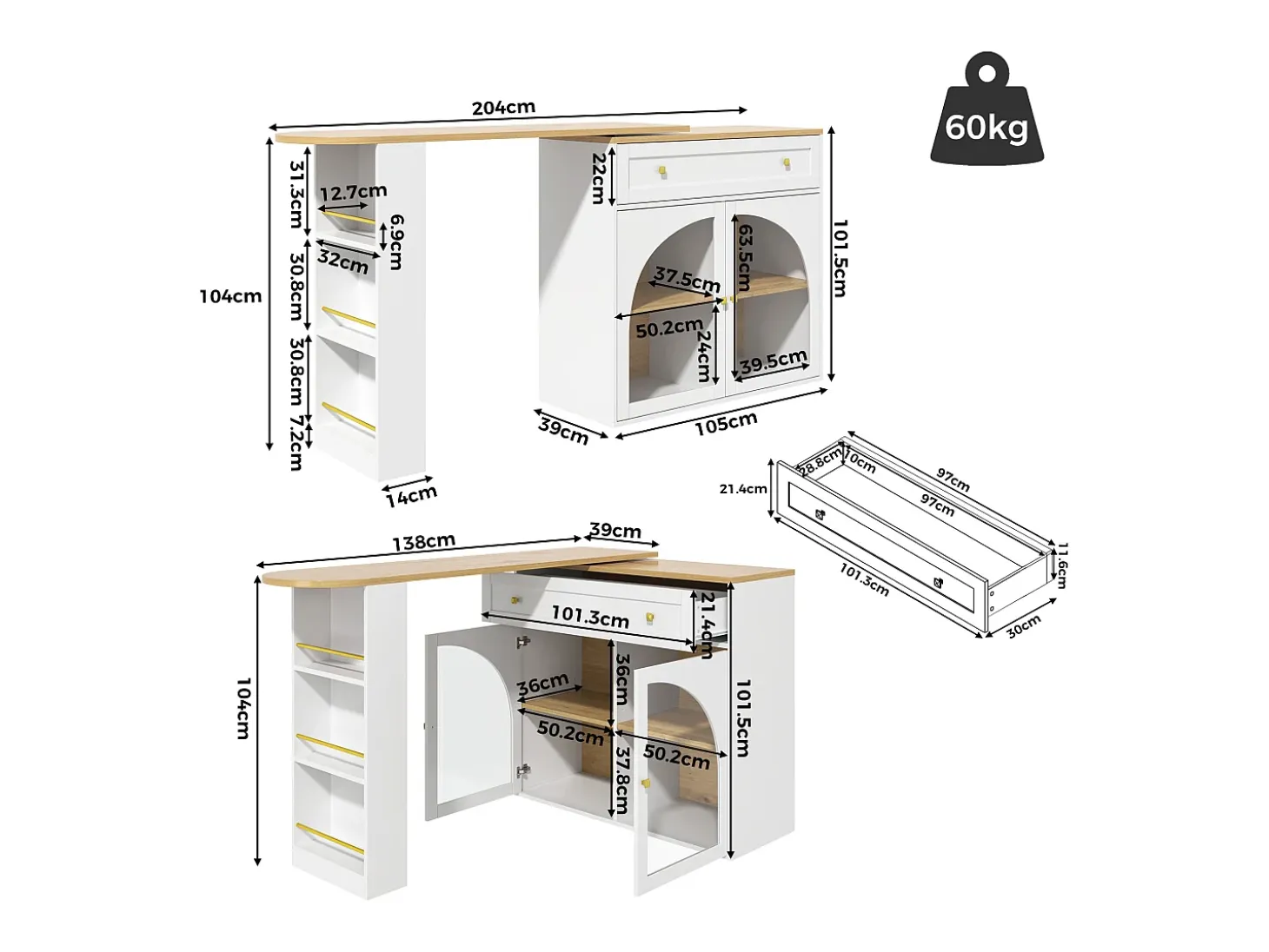 Mueble bar giratorio con 1 cajón ancho y 2 puertas de cristal, cuerpo blanco, estantes incluidos - 204x39x104cm