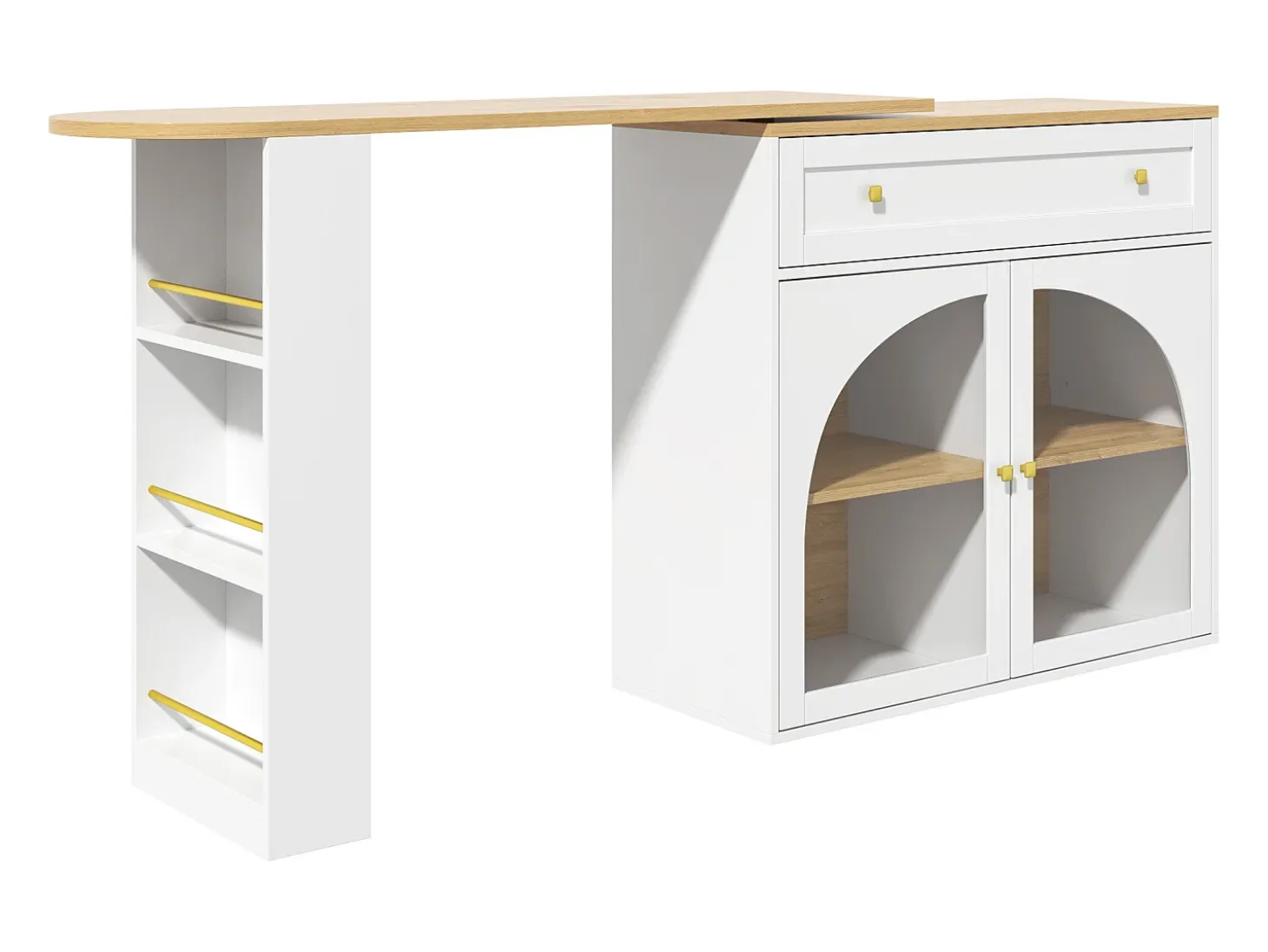 Mueble bar giratorio con 1 cajón ancho y 2 puertas de cristal, cuerpo blanco, estantes incluidos - 204x39x104cm