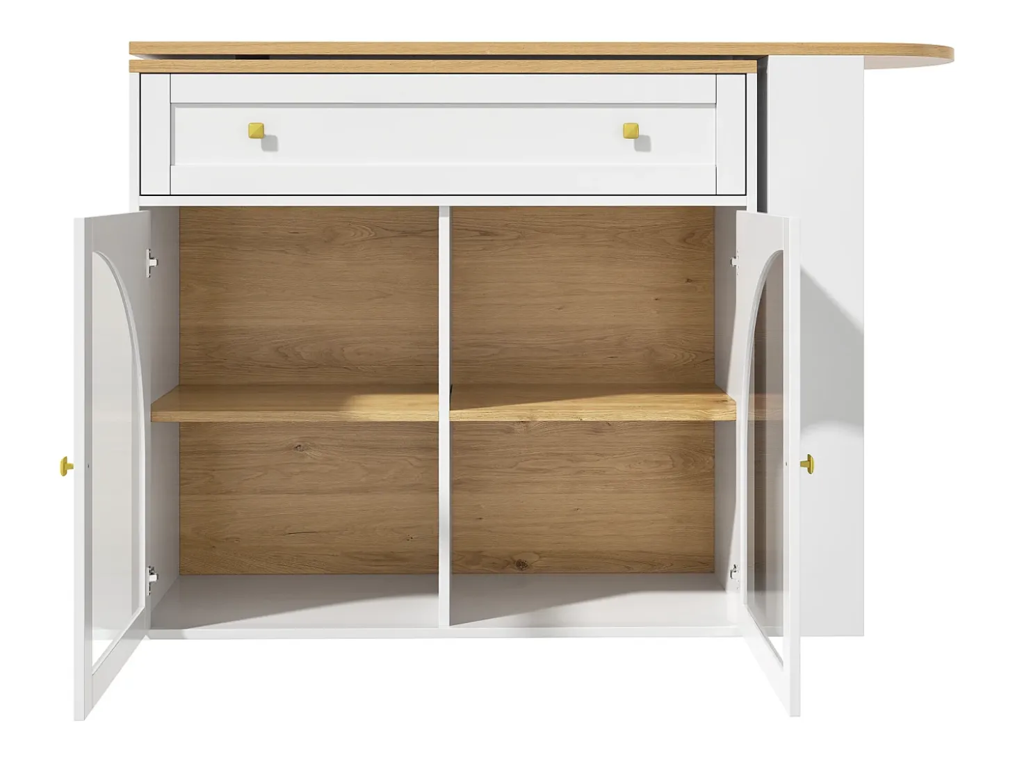 Mueble bar giratorio con 1 cajón ancho y 2 puertas de cristal, cuerpo blanco, estantes incluidos - 204x39x104cm