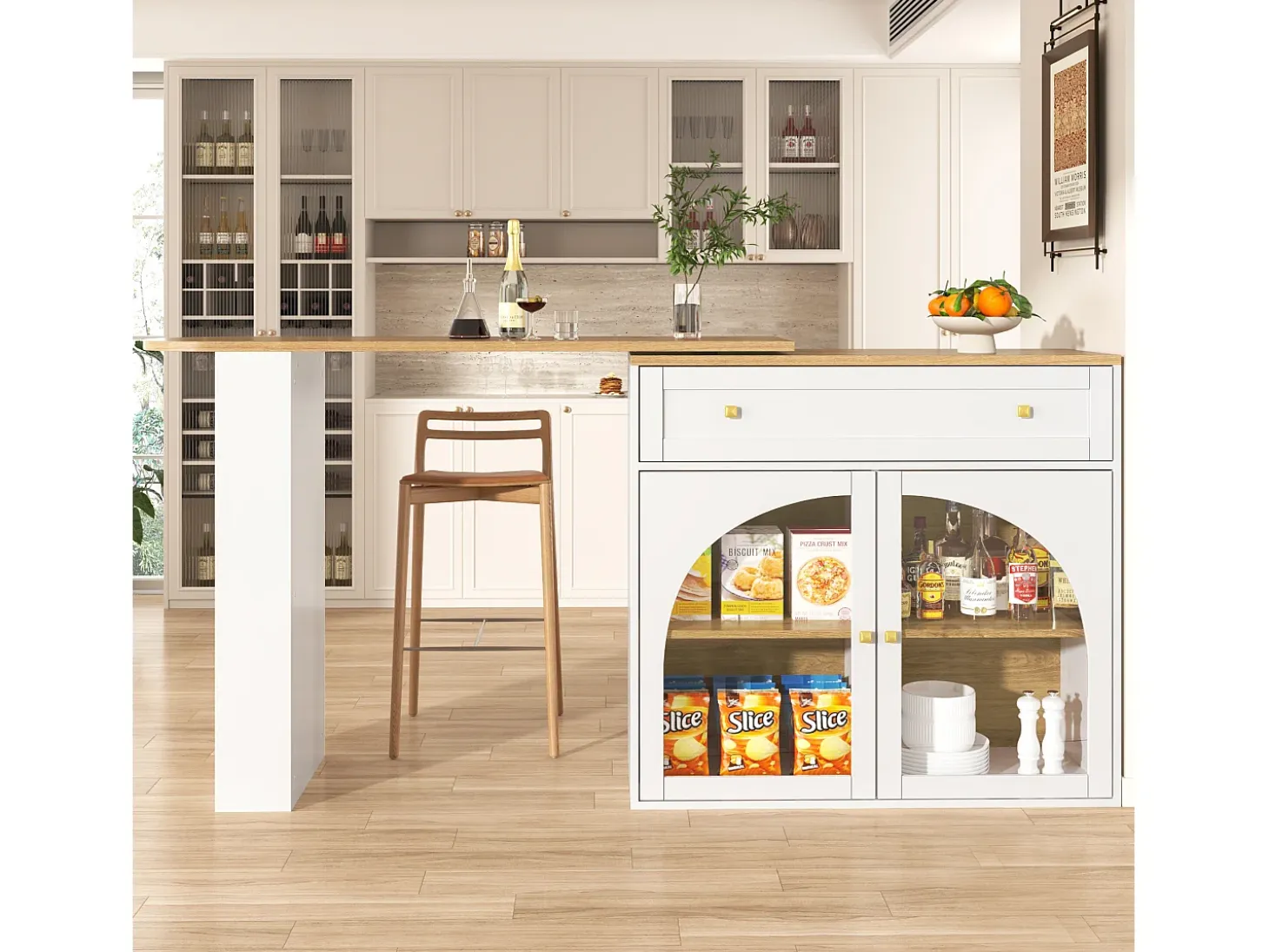 Mueble bar giratorio con 1 cajón ancho y 2 puertas de cristal, cuerpo blanco, estantes incluidos - 204x39x104cm