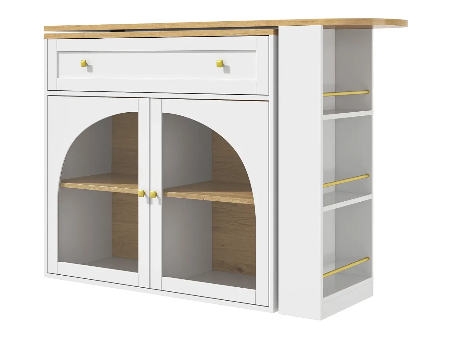 Mueble bar giratorio con 1 cajón ancho y 2 puertas de cristal, cuerpo blanco, estantes incluidos - 204x39x104cm