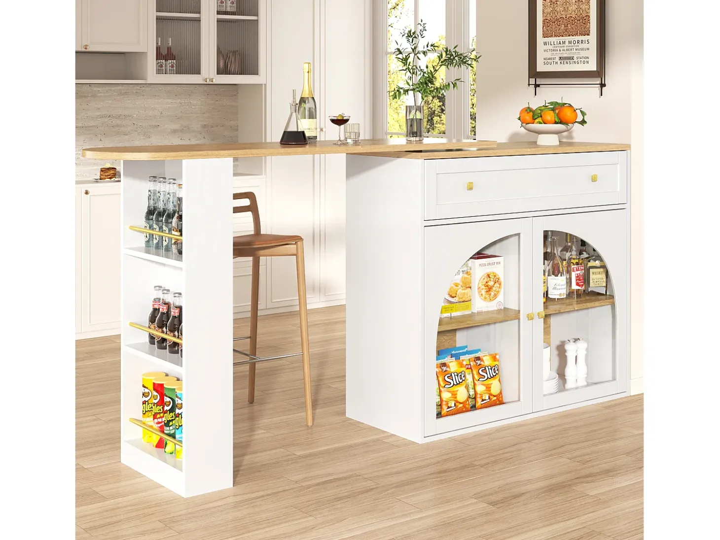 Mueble bar giratorio con 1 cajón ancho y 2 puertas de cristal, cuerpo blanco, estantes incluidos - 204x39x104cm
