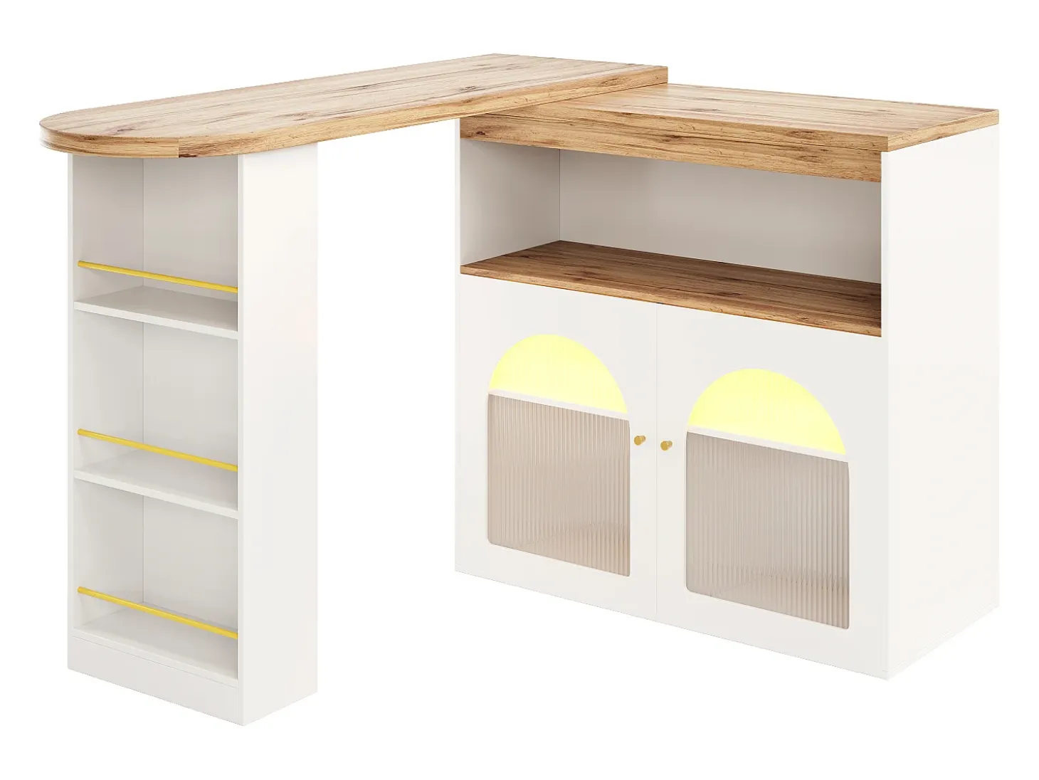 Mueble bar giratorio con iluminación LED y dos puertas de cristal - blanco y natural