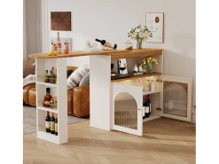 Mueble bar giratorio con iluminación LED y dos puertas de cristal - blanco y natural