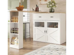 Mueble bar giratorio con 1 cajón ancho y 2 puertas, estante lateral de tres niveles incluido, blanco - 204x39x104cm