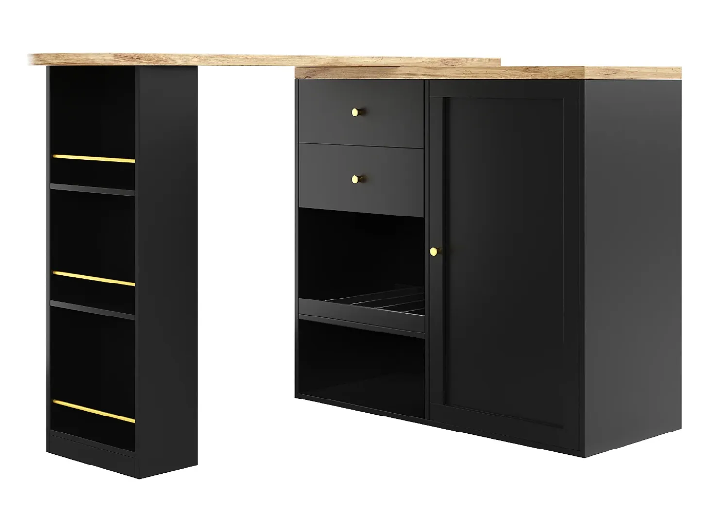Mueble bar giratorio con 2 cajones, 1 puerta y 2 nichos, cuerpo negro con tapa chapada en madera - 138x39x104cm