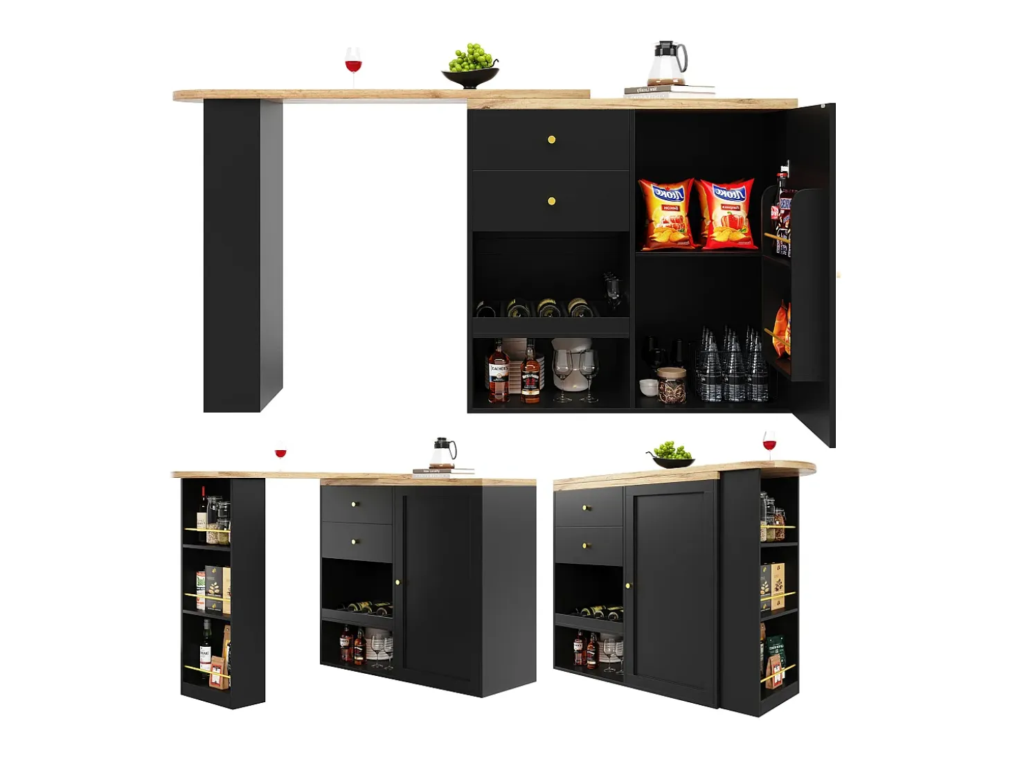 Mueble bar giratorio con 2 cajones, 1 puerta y 2 nichos, cuerpo negro con tapa chapada en madera - 138x39x104cm