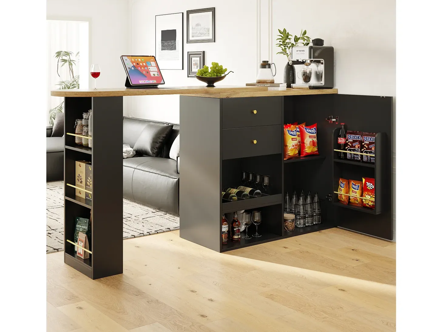 Mueble bar giratorio con 2 cajones, 1 puerta y 2 nichos, cuerpo negro con tapa chapada en madera - 138x39x104cm