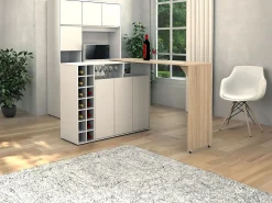 Mueble bar giratorio con almacenaje - Blanco y Natural - VINALO