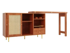 Mueble bar giratorio marrón - Mueble bar extensible con puertas y cajones corredizos de ratán - Almacenamiento abierto