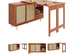 Mueble bar giratorio marrón - Mueble bar extensible con puertas y cajones corredizos de ratán - Almacenamiento abierto