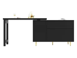 Mueble bar giratorio negro - Mueble bar extensible con puertas y cajones corredizos de ratán - Almacenamiento abierto