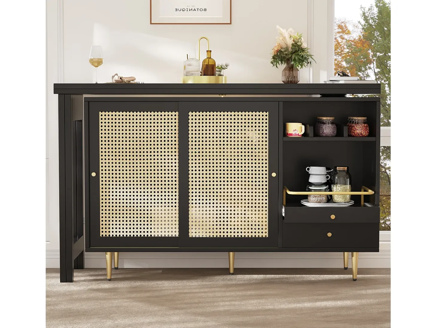 Mueble bar giratorio negro - Mueble bar extensible con puertas y cajones corredizos de ratán - Almacenamiento abierto