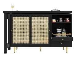 Mueble bar giratorio negro - Mueble bar extensible con puertas y cajones corredizos de ratán - Almacenamiento abierto