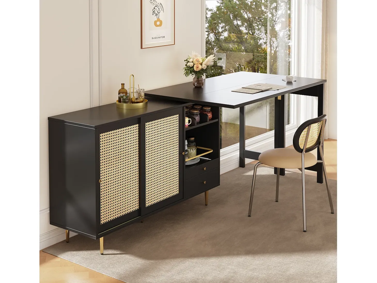 Mueble bar giratorio negro - Mueble bar extensible con puertas y cajones corredizos de ratán - Almacenamiento abierto