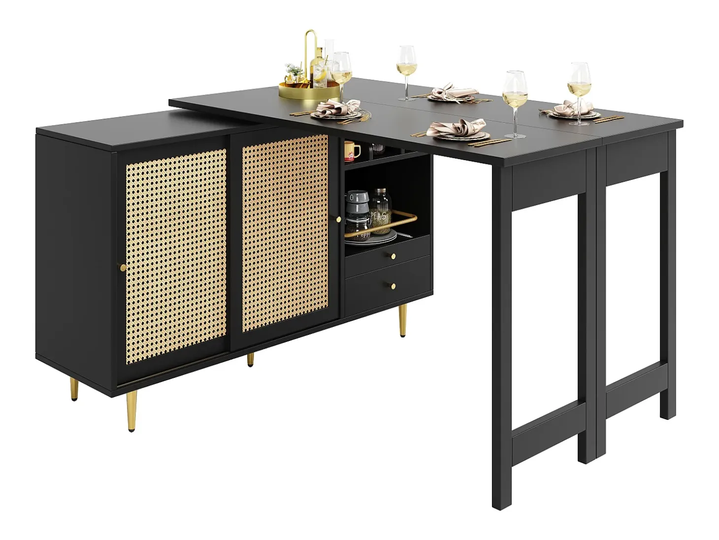 Mueble bar giratorio negro - Mueble bar extensible con puertas y cajones corredizos de ratán - Almacenamiento abierto