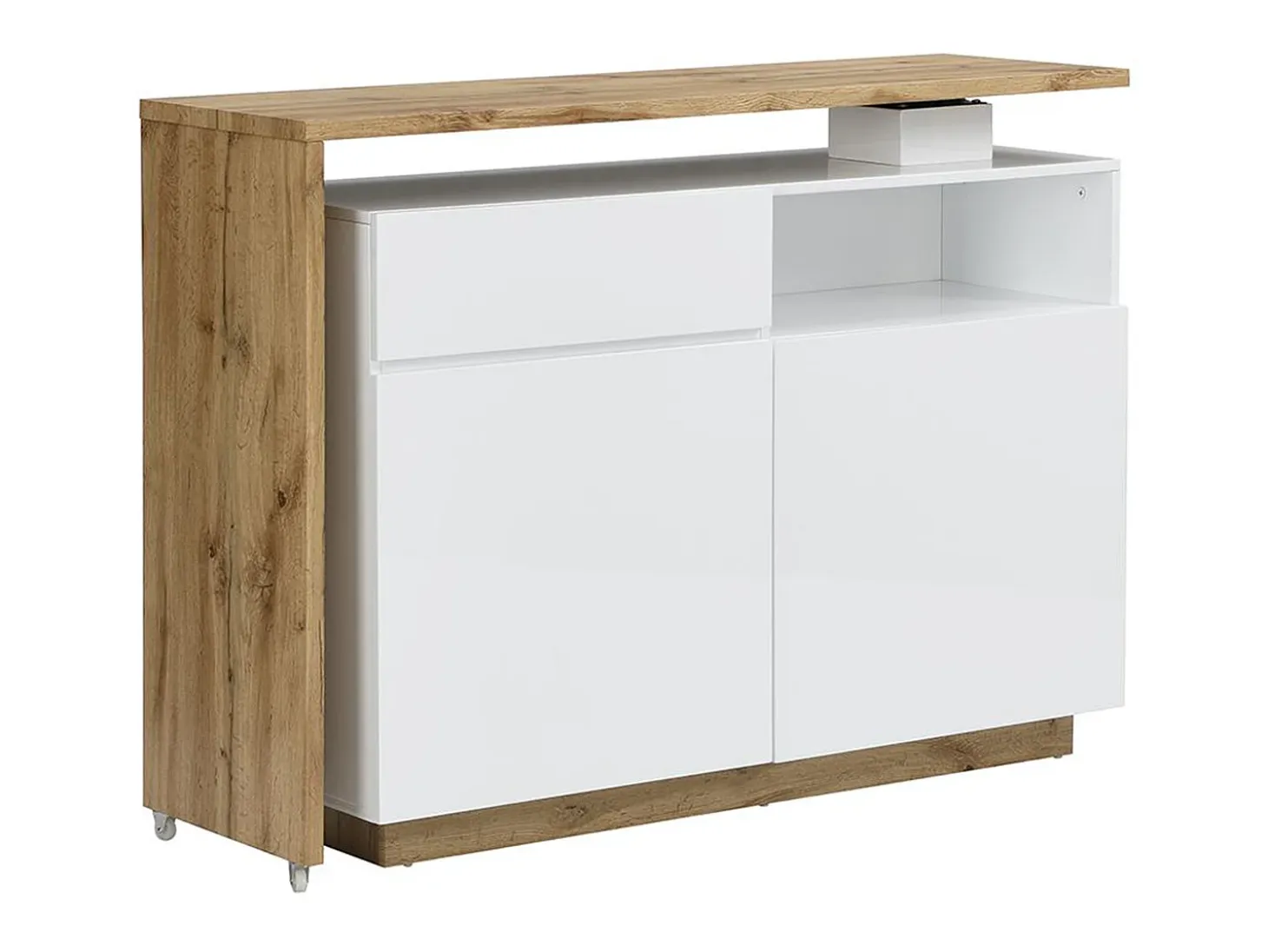 Mueble bar pivotante - 2 puertas 1 cajón 1 estante - MDF - Blanco lacado y roble - ELDIR