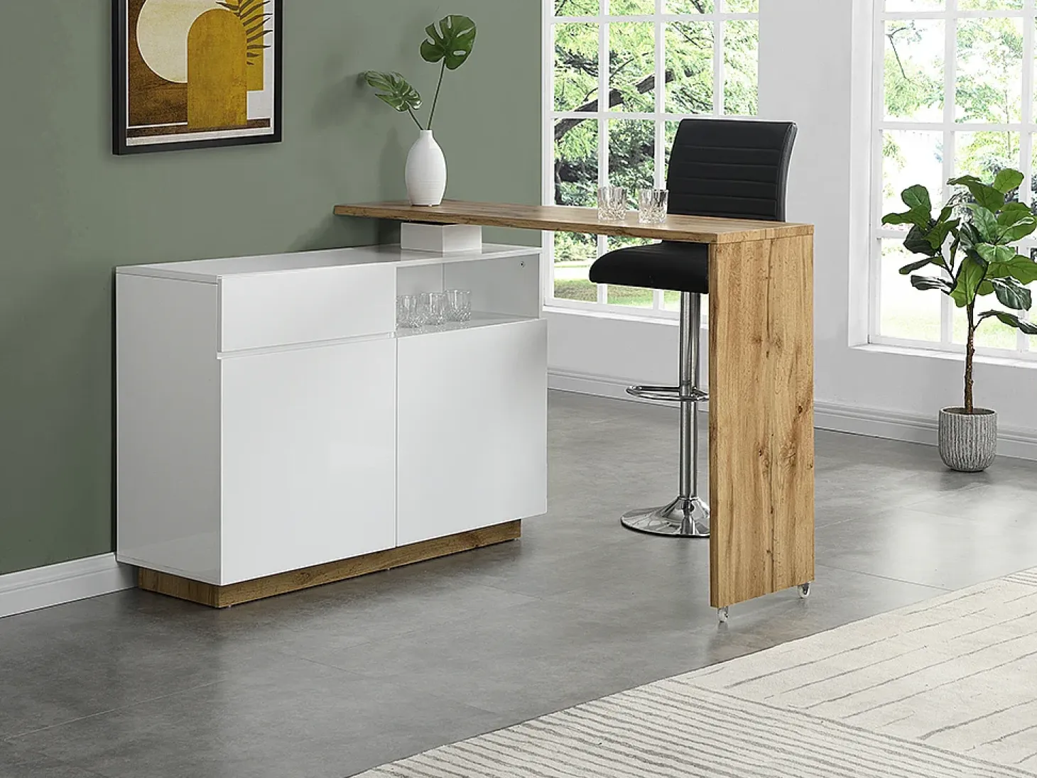 Mueble bar pivotante - 2 puertas 1 cajón 1 estante - MDF - Blanco lacado y roble - ELDIR