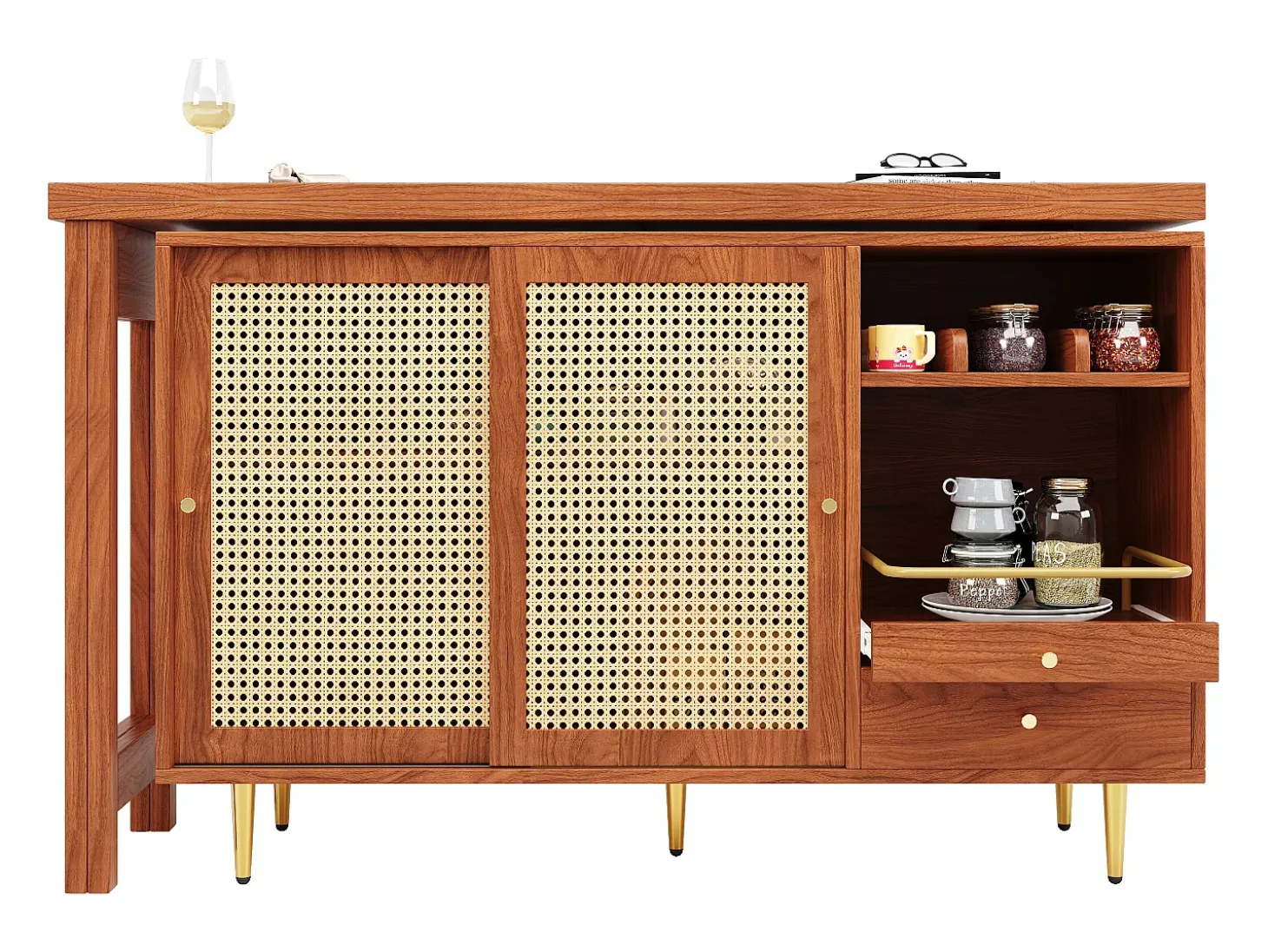 Mueble Buffet, Barra Giratoria Extensible - MDF - Con Almacenamiento Varios - Marrón