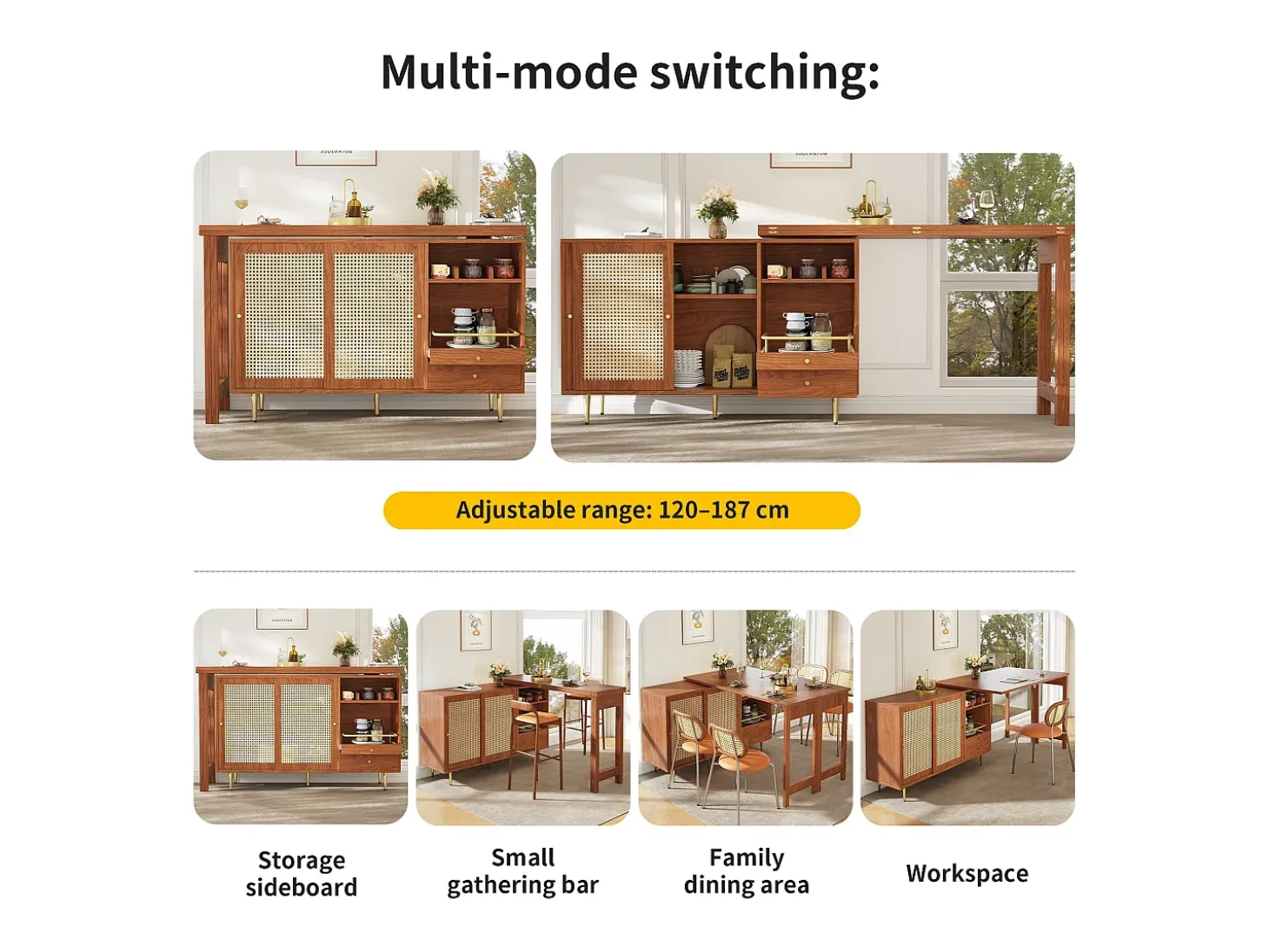 Mueble Buffet, Barra Giratoria Extensible - MDF - Con Almacenamiento Varios - Marrón