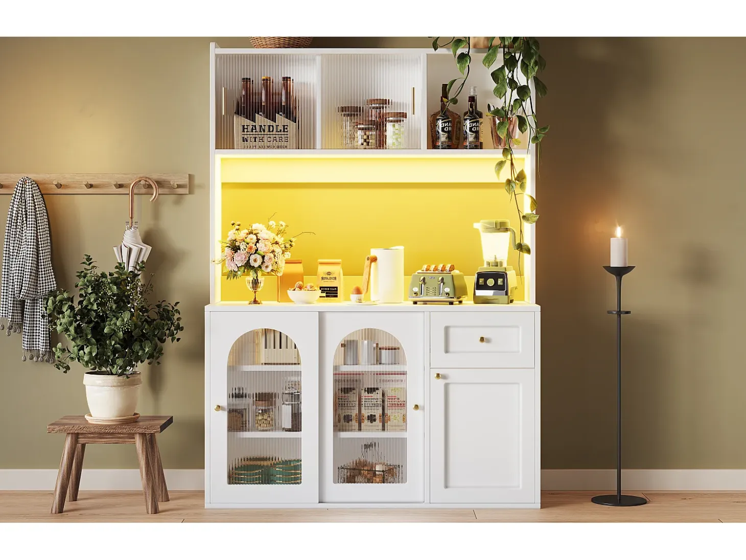 Mueble buffet con LED, 3 tiroirs, étagères réglables, MDF, blanco (120x35x167 cm)