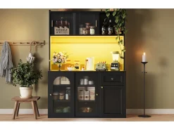 Mueble buffet con LED, 3 tiroirs, étagères réglables, MDF, negro (120x35x167 cm)