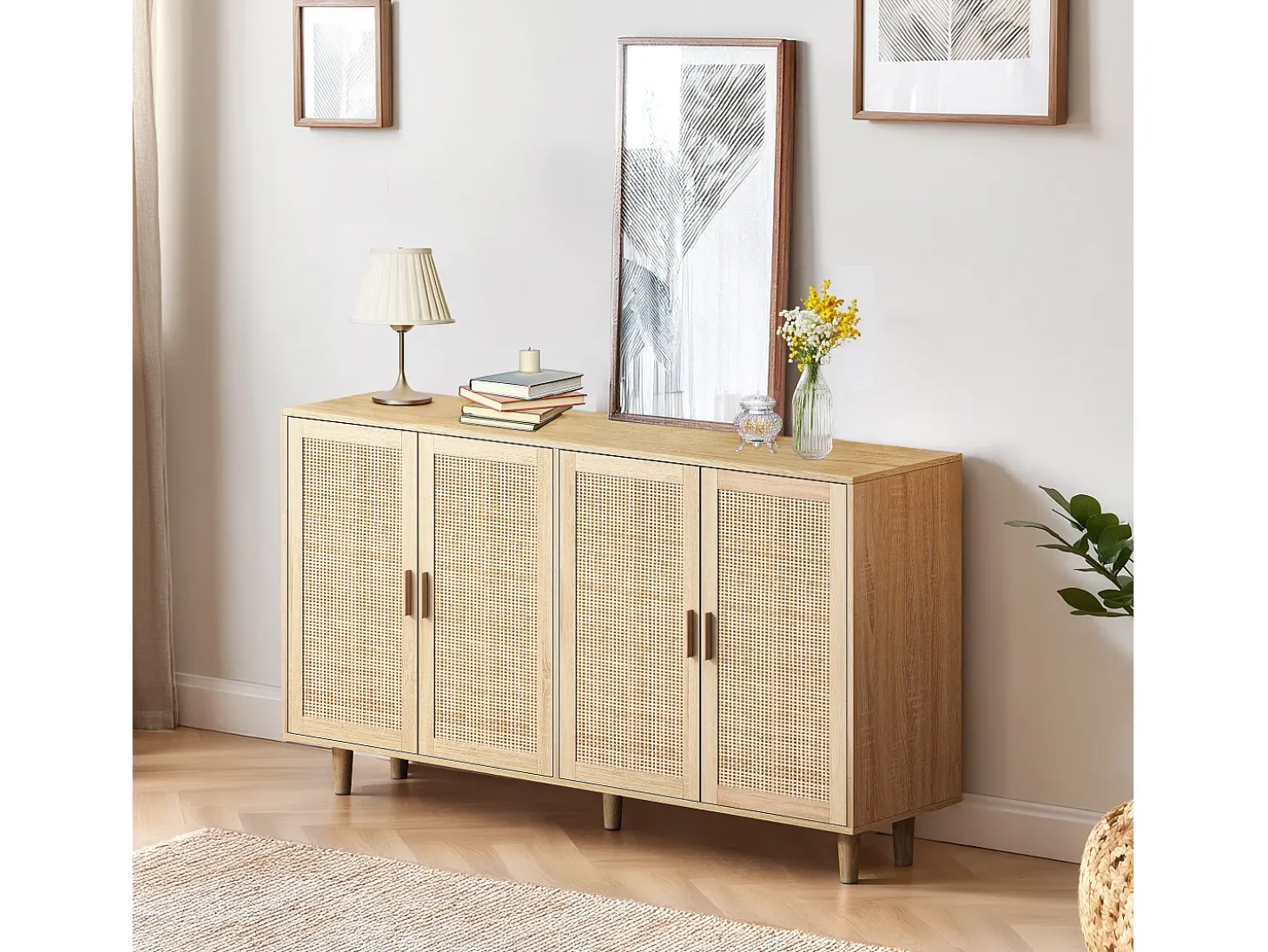 Mueble de almacenaje de ratán, diseño elegante, madera maciza, natural, (158x40x88 cm)