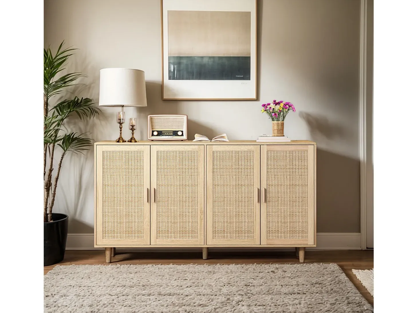 Mueble de almacenaje de ratán, diseño elegante, madera maciza, natural, (158x40x88 cm)