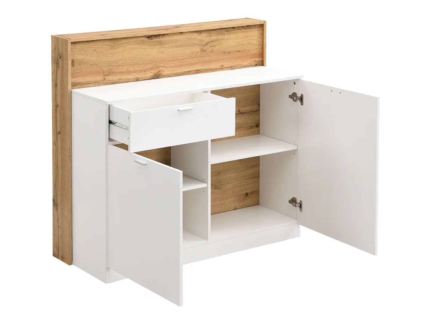 Mueble de bar con 2 puertas y 1 cajón de MDF - Blanco y Natural - LAMONIA