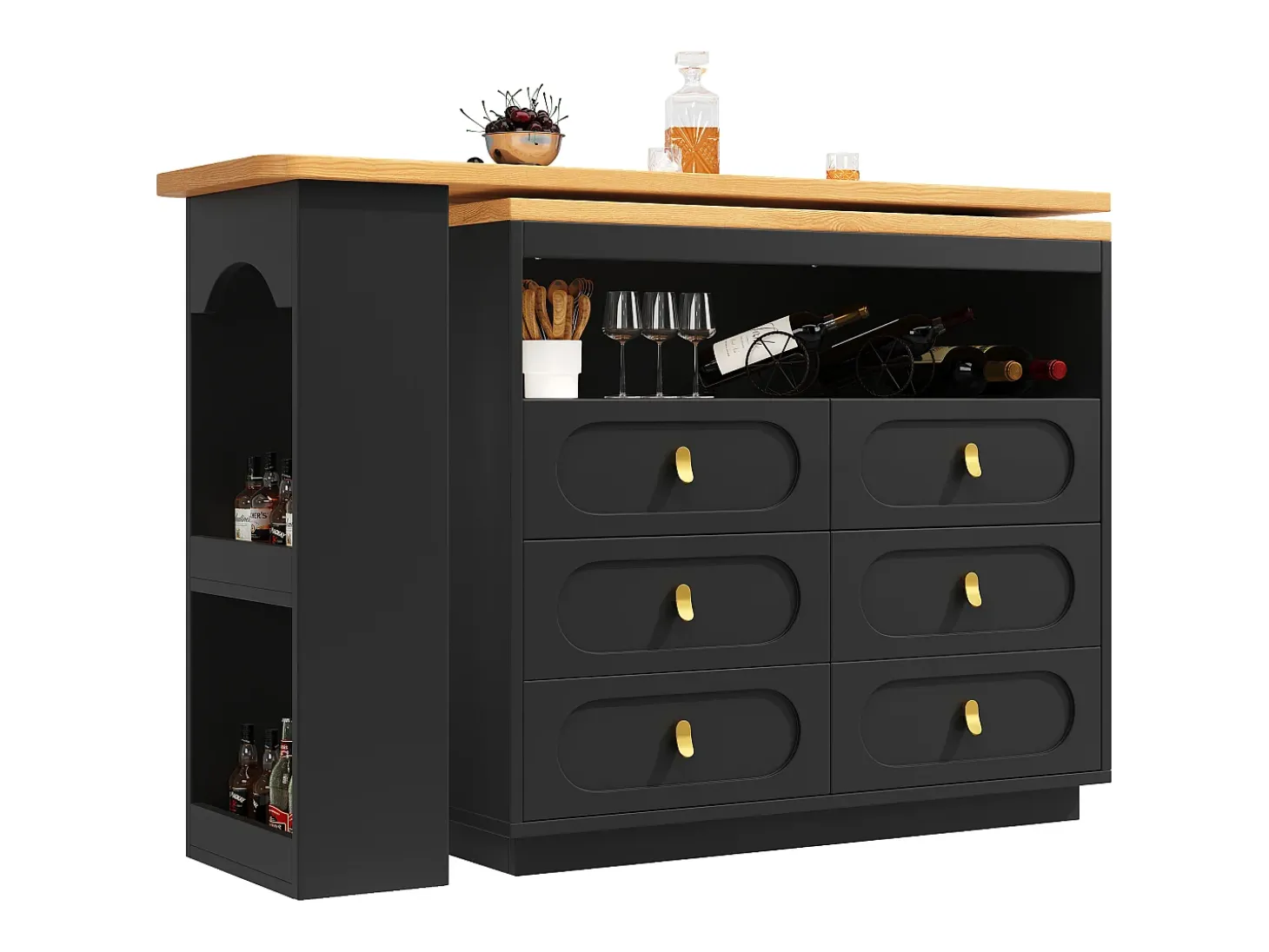 Mueble de bar de cocina extensible - y rotación 360° - 203x39x90 cm - 6 cajones - con estantes laterales - Negro