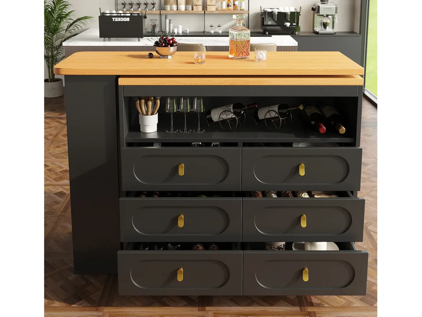 Mueble de bar de cocina extensible - y rotación 360° - 203x39x90 cm - 6 cajones - con estantes laterales - Negro
