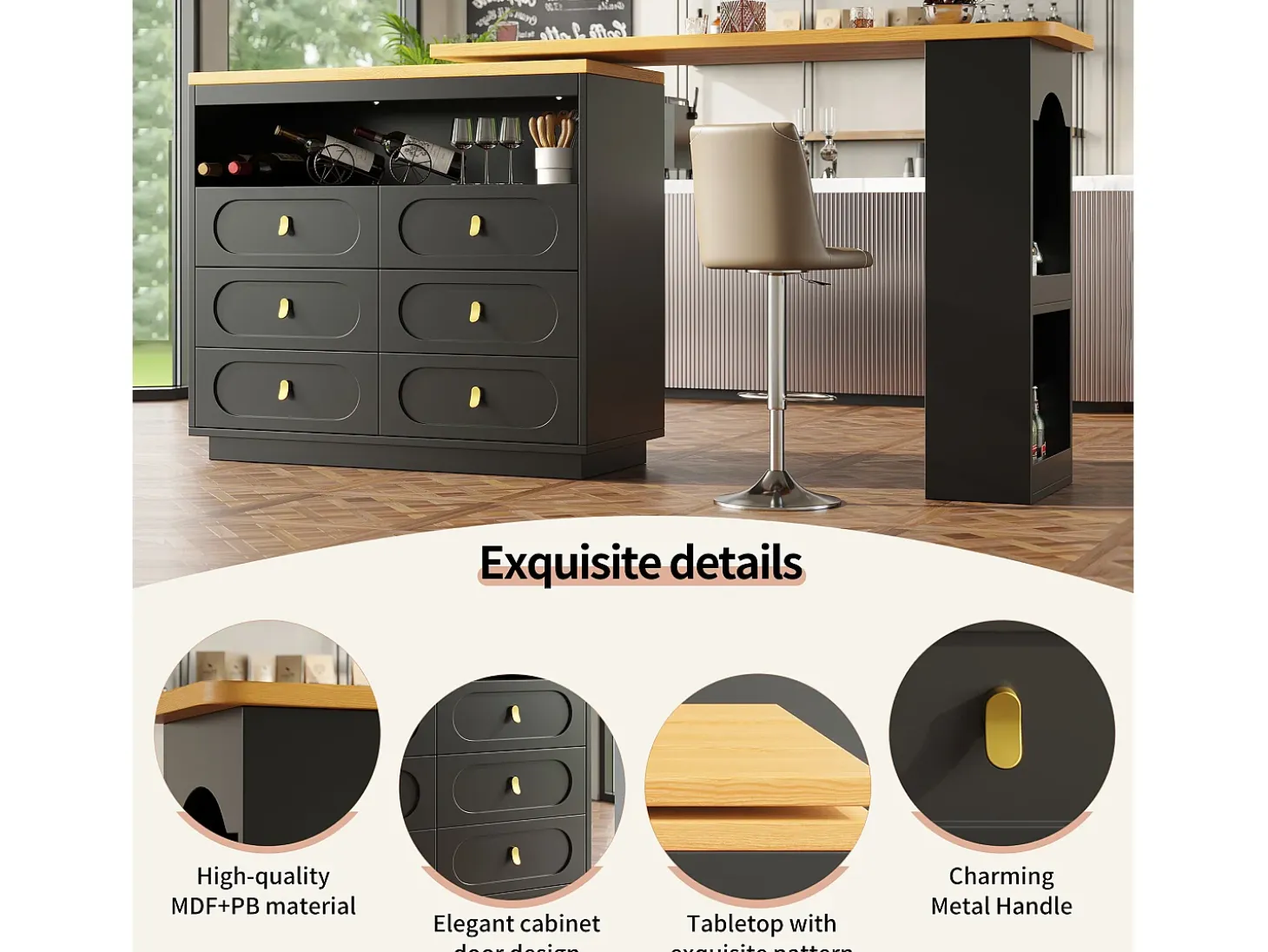Mueble de bar de cocina extensible - y rotación 360° - 203x39x90 cm - 6 cajones - con estantes laterales - Negro