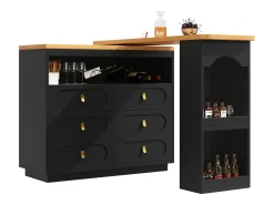Mueble de bar de cocina extensible - y rotación 360° - 203x39x90 cm - 6 cajones - con estantes laterales - Negro