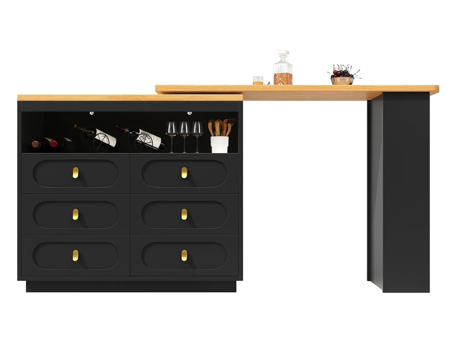 Mueble de bar de cocina extensible - y rotación 360° - 203x39x90 cm - 6 cajones - con estantes laterales - Negro