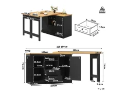 Mueble de bar de cocina extensible - y rotación 360° - mesa grande - 180x79.5x71.5 cm - 2 cajones y 2 puertas - 3 portabotellas - Negro