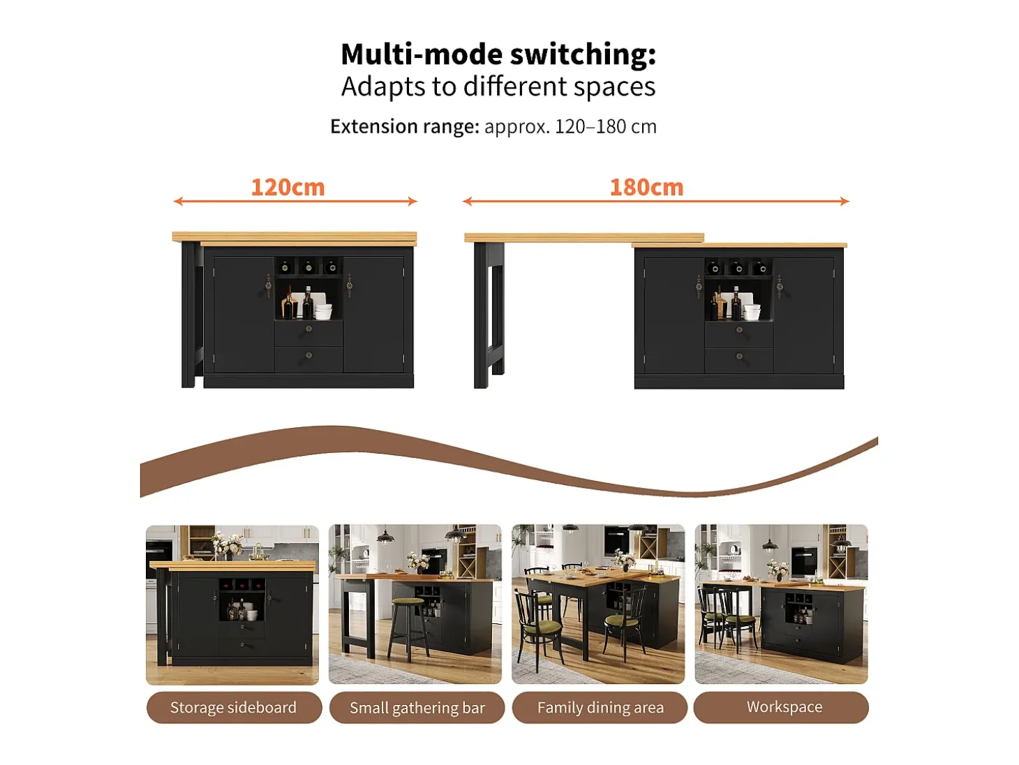 Mueble de bar de cocina extensible - y rotación 360° - mesa grande - 180x79.5x71.5 cm - 2 cajones y 2 puertas - 3 portabotellas - Negro