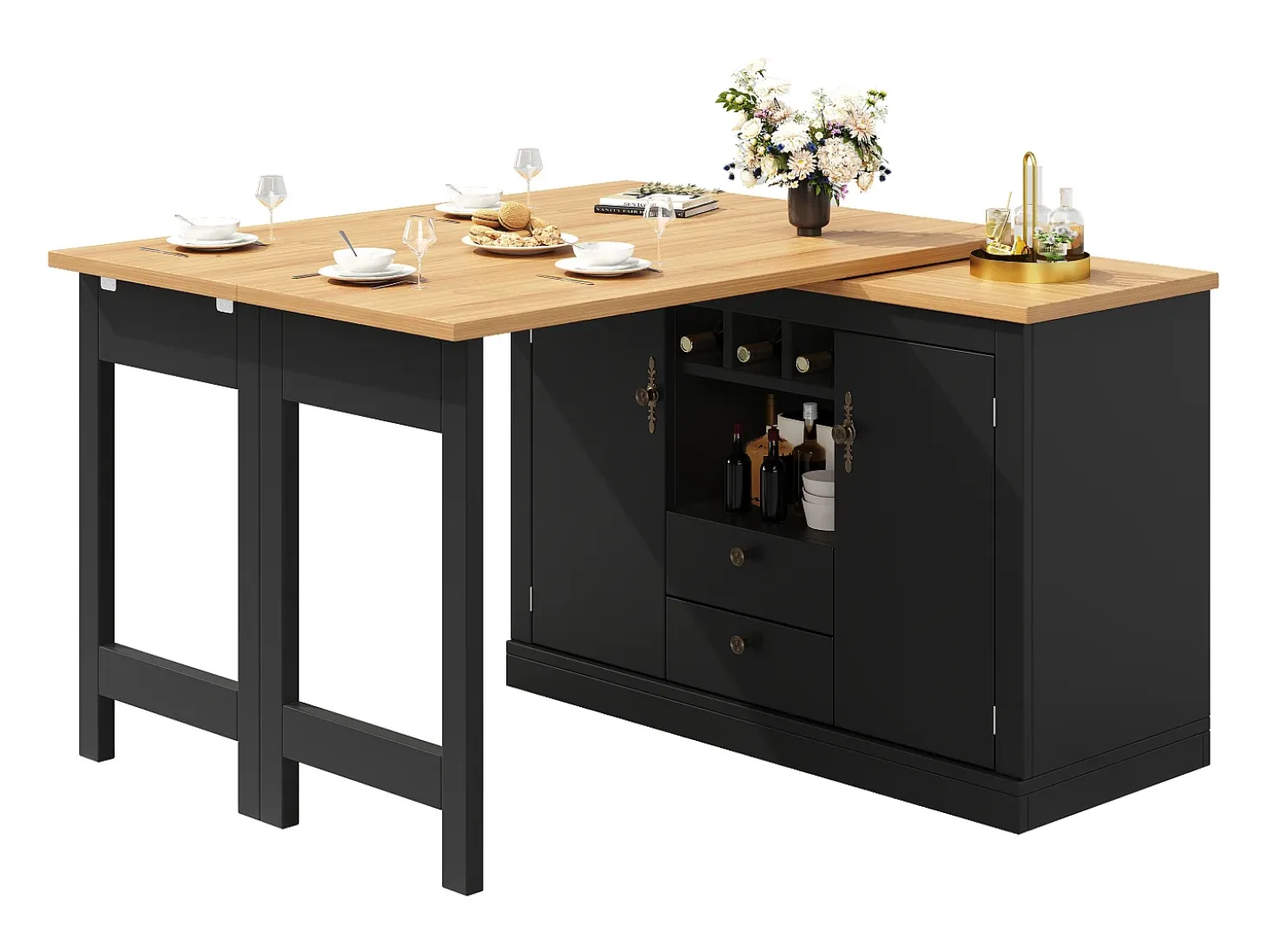 Mueble de bar de cocina extensible - y rotación 360° - mesa grande - 180x79.5x71.5 cm - 2 cajones y 2 puertas - 3 portabotellas - Negro