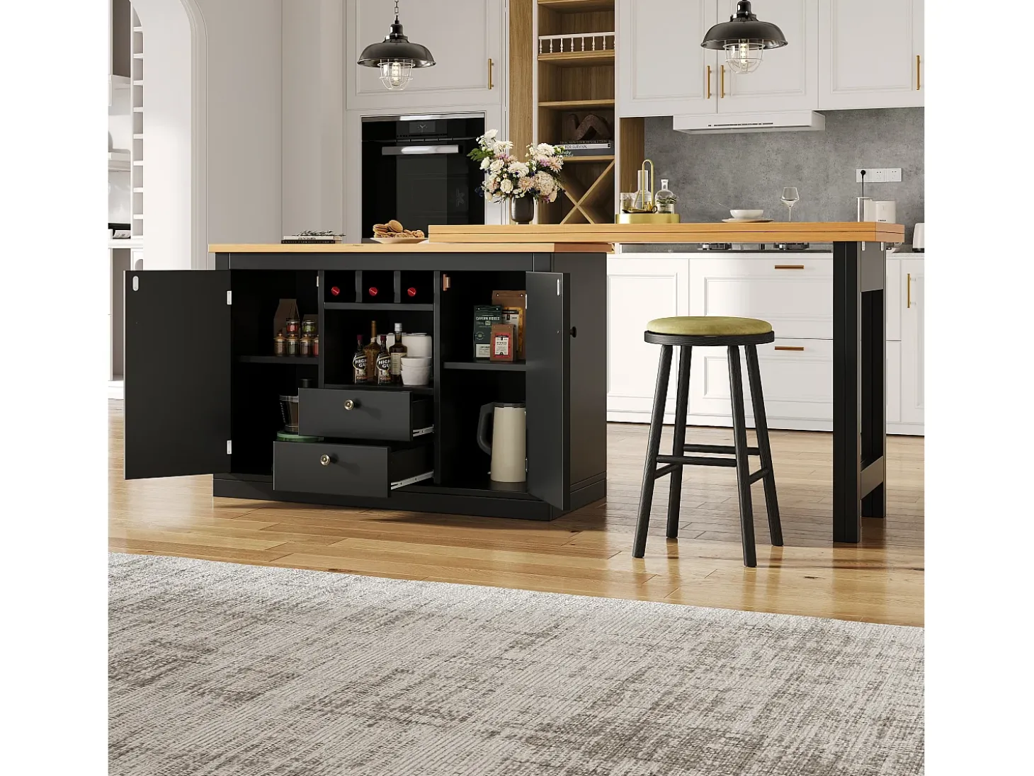 Mueble de bar de cocina extensible - y rotación 360° - mesa grande - 180x79.5x71.5 cm - 2 cajones y 2 puertas - 3 portabotellas - Negro