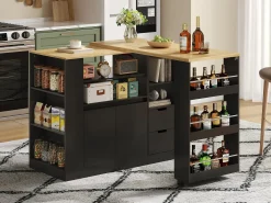 Mueble de bar de cocina extensible y giratorio - 115x50x92cm - con 2 cajones y 2 puertas - con estantes laterales - Negro