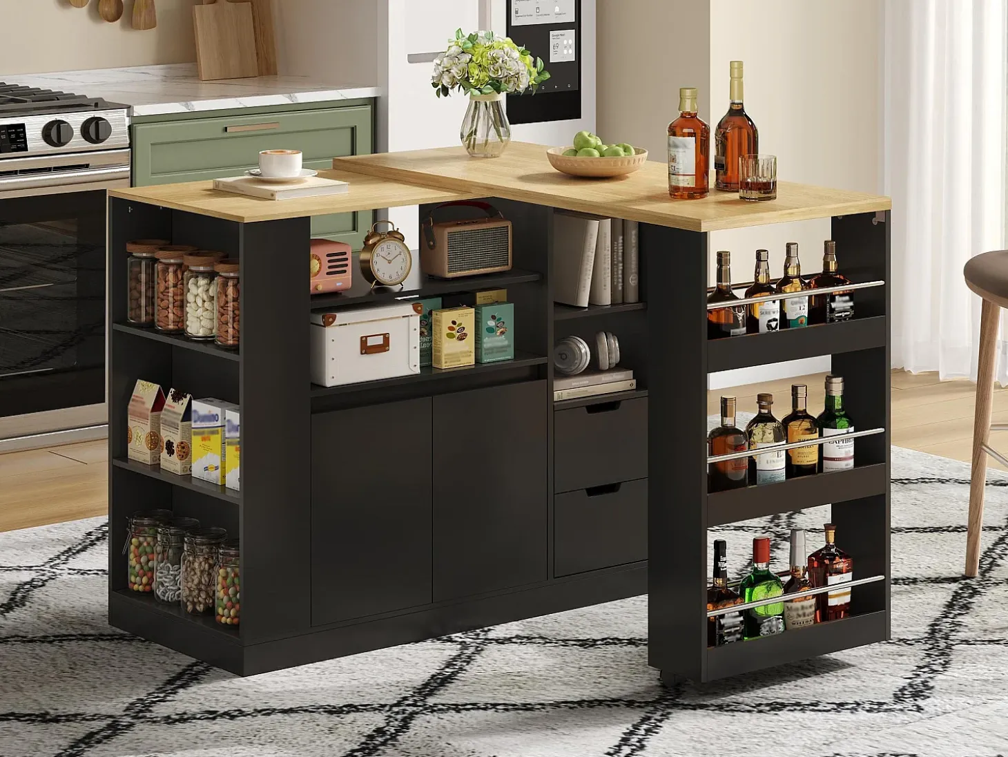 Mueble de bar de cocina extensible y giratorio - 115x50x92cm - con 2 cajones y 2 puertas - con estantes laterales - Negro