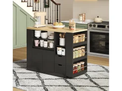 Mueble de bar de cocina extensible y giratorio - 115x50x92cm - con 2 cajones y 2 puertas - con estantes laterales - Negro