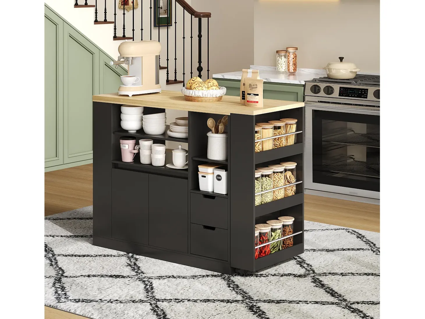 Mueble de bar de cocina extensible y giratorio - 115x50x92cm - con 2 cajones y 2 puertas - con estantes laterales - Negro